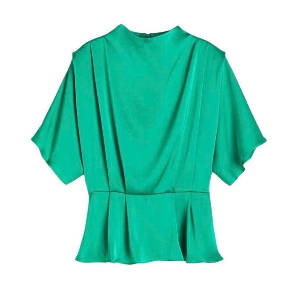 H&M Women's Turquoise Green Poly Satin Charmeuse Stand Collar Short Batwing Slee